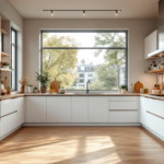 Helle und geräumige Küche mit großer Fensterfront, die viel Tageslicht hereinlässt, ausgestattet mit weißen und holzfarbenen Fronten, modernen Einbaugeräten und dekorativen Pflanzen, eine perfekte Darstellung für moderne Küchenplanung.