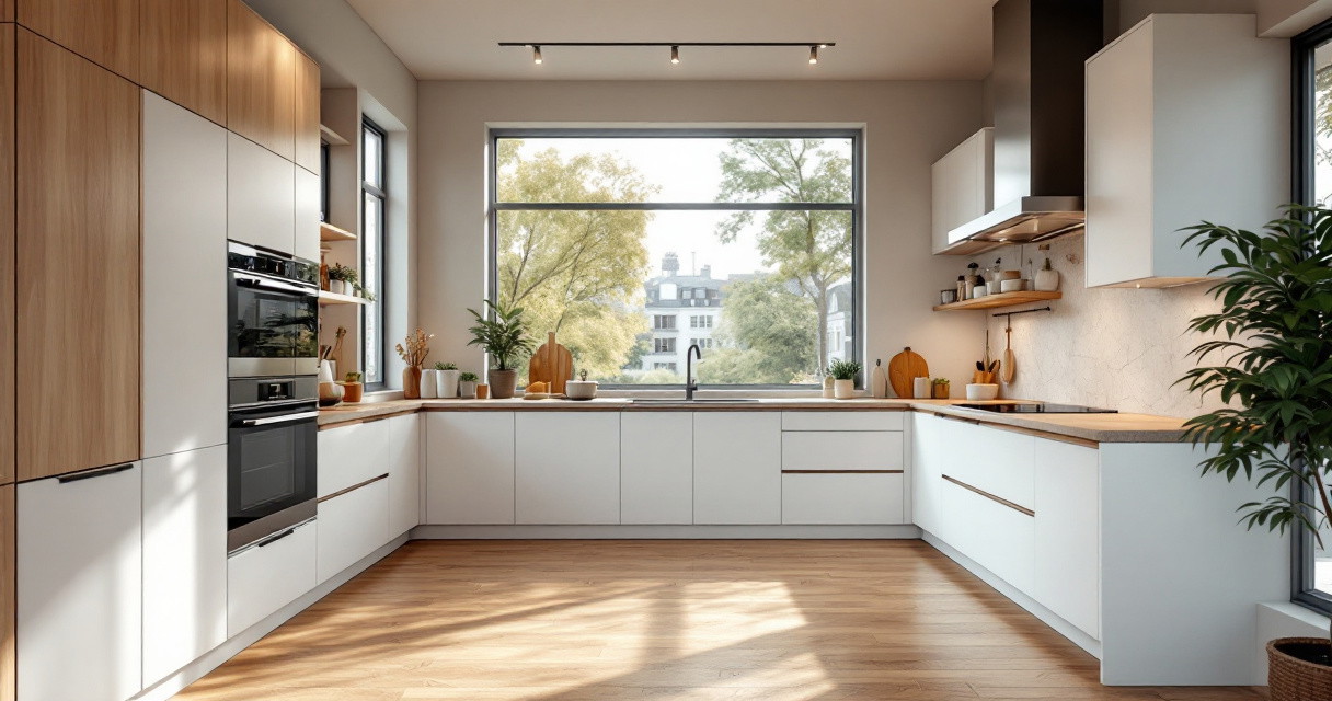 Helle und geräumige Küche mit großer Fensterfront, die viel Tageslicht hereinlässt, ausgestattet mit weißen und holzfarbenen Fronten, modernen Einbaugeräten und dekorativen Pflanzen, eine perfekte Darstellung für moderne Küchenplanung.