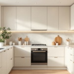 moderne platzsparende küchenideen für kleine räume in einer hellen, minimalistischen U-förmigen Küche mit weißen Fronten, goldfarbenen Armaturen, integriertem Backofen, großen Einbauschränken und dekorativen Holzaccessoires auf der Arbeitsplatte