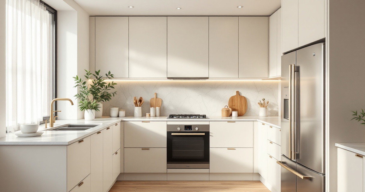 moderne platzsparende küchenideen für kleine räume in einer hellen, minimalistischen U-förmigen Küche mit weißen Fronten, goldfarbenen Armaturen, integriertem Backofen, großen Einbauschränken und dekorativen Holzaccessoires auf der Arbeitsplatte