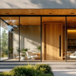 Hauseingang mit großen Glasfronten und hölzerner Tür, die von einer modernen und hell eingerichteten Wohnküche umgeben ist, umgeben von grüner Bepflanzung, repräsentiert Moderne Türen Fenster in zeitgenössischem Design.