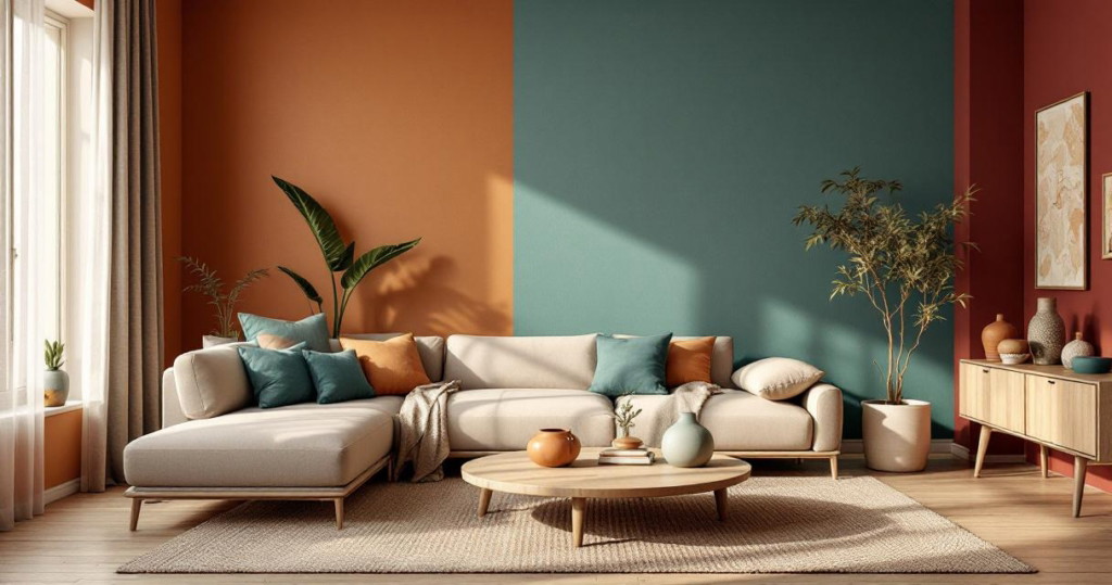 Modern eingerichtetes Wohnzimmer mit einem großen, hellen Sofa, einem runden Holztisch und verschiedenen Zimmerpflanzen vor einer Wand, die harmonisch in warme Orangetöne, gedämpftes Blau und tiefes Rot gestrichen ist, ein Beispiel für Moderne Wandfarben.
