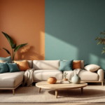 Modern eingerichtetes Wohnzimmer mit einem großen, hellen Sofa, einem runden Holztisch und verschiedenen Zimmerpflanzen vor einer Wand, die harmonisch in warme Orangetöne, gedämpftes Blau und tiefes Rot gestrichen ist, ein Beispiel für Moderne Wandfarben.
