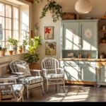 Helles und gemütliches Wohnzimmer mit vintage Möbelstücken und Pflanzen, das durch geschicktes Möbel Upcycling eine charmante und nachhaltige Atmosphäre ausstrahlt.