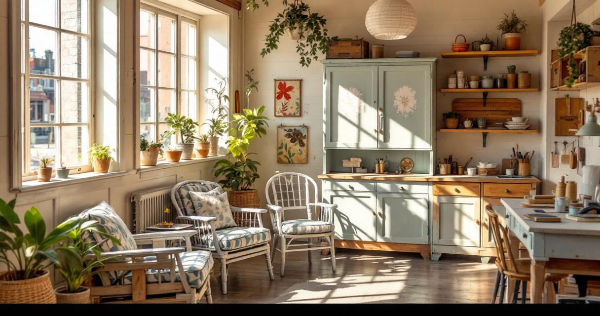 Helles und gemütliches Wohnzimmer mit vintage Möbelstücken und Pflanzen, das durch geschicktes Möbel Upcycling eine charmante und nachhaltige Atmosphäre ausstrahlt.