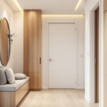 Heller und moderner Eingangsbereich mit hellen Holzmöbeln, gepolsterter Sitzbank und rundem Wandspiegel als Beispiel für Multifunktionale Flure.