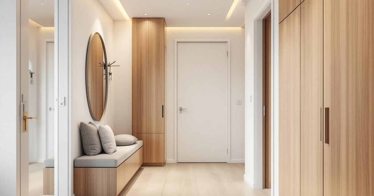 Heller und moderner Eingangsbereich mit hellen Holzmöbeln, gepolsterter Sitzbank und rundem Wandspiegel als Beispiel für Multifunktionale Flure.