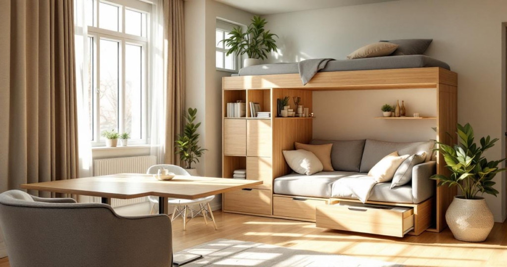 Modern eingerichteter Wohnraum mit einem clever gestalteten hochgelegenen Bett, darunter eingebautes Sofa, Regale und Stauraum, wobei das helle Holz und dezente Dekorationen eine einladende Atmosphäre schaffen, typisch für Multifunktionale Möbel.