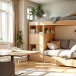 Modern eingerichteter Wohnraum mit einem clever gestalteten hochgelegenen Bett, darunter eingebautes Sofa, Regale und Stauraum, wobei das helle Holz und dezente Dekorationen eine einladende Atmosphäre schaffen, typisch für Multifunktionale Möbel.