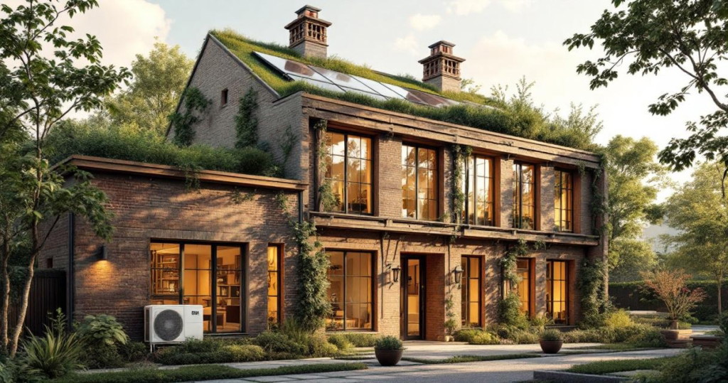 Modernes, energieeffizientes Haus mit begrüntem Dach, Solarpaneelen und nachhaltigen Pflanzen, umgeben von Bäumen, als Beispiel für eine gelungene Nachhaltige Altbau Modernisierung.