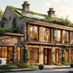 Modernes, energieeffizientes Haus mit begrüntem Dach, Solarpaneelen und nachhaltigen Pflanzen, umgeben von Bäumen, als Beispiel für eine gelungene Nachhaltige Altbau Modernisierung.
