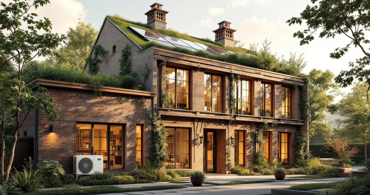 Modernes, energieeffizientes Haus mit begrüntem Dach, Solarpaneelen und nachhaltigen Pflanzen, umgeben von Bäumen, als Beispiel für eine gelungene Nachhaltige Altbau Modernisierung.