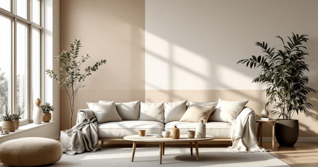 Modern eingerichtetes Wohnzimmer mit hellem Sofa, niedrigen Holztisch, großen Fensterflächen und grünen Zimmerpflanzen, das durch warme Farbgebung und sanftes Licht eine einladende Atmosphäre schafft, exemplarisch für nachhaltige atmungsaktive Wandgestaltung.