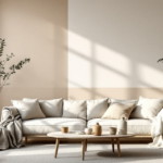 Modern eingerichtetes Wohnzimmer mit hellem Sofa, niedrigen Holztisch, großen Fensterflächen und grünen Zimmerpflanzen, das durch warme Farbgebung und sanftes Licht eine einladende Atmosphäre schafft, exemplarisch für nachhaltige atmungsaktive Wandgestaltung.