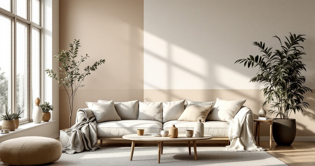 Modern eingerichtetes Wohnzimmer mit hellem Sofa, niedrigen Holztisch, großen Fensterflächen und grünen Zimmerpflanzen, das durch warme Farbgebung und sanftes Licht eine einladende Atmosphäre schafft, exemplarisch für nachhaltige atmungsaktive Wandgestaltung.