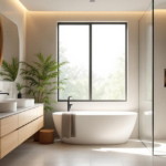 Helles, modern gestaltetes Badezimmer mit freistehender Badewanne, begehbarer Dusche mit schwarzer Armatur, doppeltem Waschtisch und Holzschränken, Pflanzen und großen Fenstern als Beispiel für eine nachhaltige Baderenovierung.