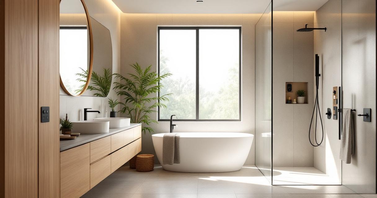 Helles, modern gestaltetes Badezimmer mit freistehender Badewanne, begehbarer Dusche mit schwarzer Armatur, doppeltem Waschtisch und Holzschränken, Pflanzen und großen Fenstern als Beispiel für eine nachhaltige Baderenovierung.