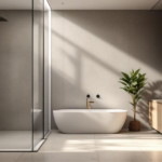 Modernes, lichtdurchflutetes Badezimmer mit freistehender Badewanne, großer Glasdusche und Holzwaschtisch, gestaltet mit nachhaltigen Badezimmer wassersparende Armaturen, umweltfreundlich und elegant.