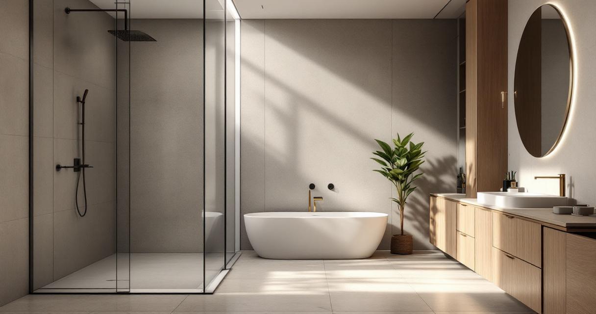 Modernes, lichtdurchflutetes Badezimmer mit freistehender Badewanne, großer Glasdusche und Holzwaschtisch, gestaltet mit nachhaltigen Badezimmer wassersparende Armaturen, umweltfreundlich und elegant.