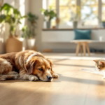 Gemütliches Wohnzimmer mit natürlicher Holzbodenoptik, auf dem ein Hund und eine Katze entspannt liegen, ideal illustriert für nachhaltige Bodenbeläge Haustierhalter.