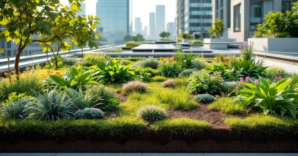 Blick auf eine grüne, vielfältig bepflanzte Dachfläche mit verschiedenen Stauden, Gräsern und kleinen Bäumen vor einer Kulisse moderner Hochhäuser, ein Beispiel für nachhaltige Dachbegrünung.