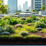 Blick auf eine grüne, vielfältig bepflanzte Dachfläche mit verschiedenen Stauden, Gräsern und kleinen Bäumen vor einer Kulisse moderner Hochhäuser, ein Beispiel für nachhaltige Dachbegrünung.