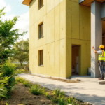 Moderner Bau mit nachhaltiger Dämmung Hanf an den Außenwänden, umgeben von grüner Vegetation, während Bauarbeiter die Installation kontrollieren.