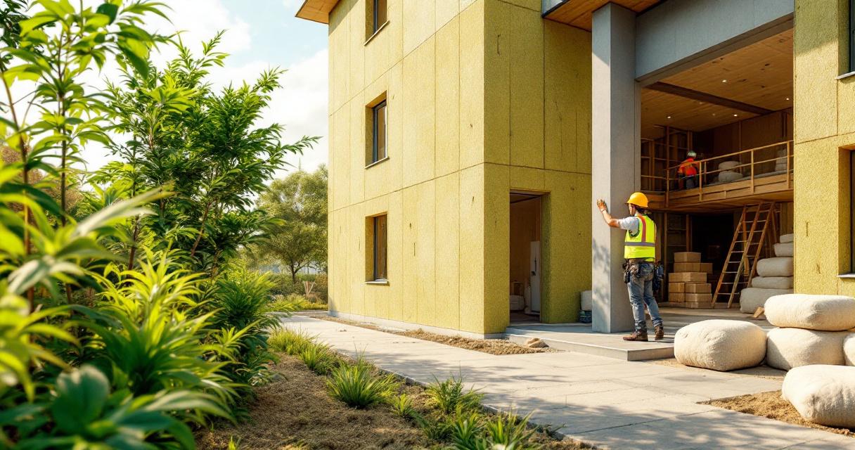 Moderner Bau mit nachhaltiger Dämmung Hanf an den Außenwänden, umgeben von grüner Vegetation, während Bauarbeiter die Installation kontrollieren.