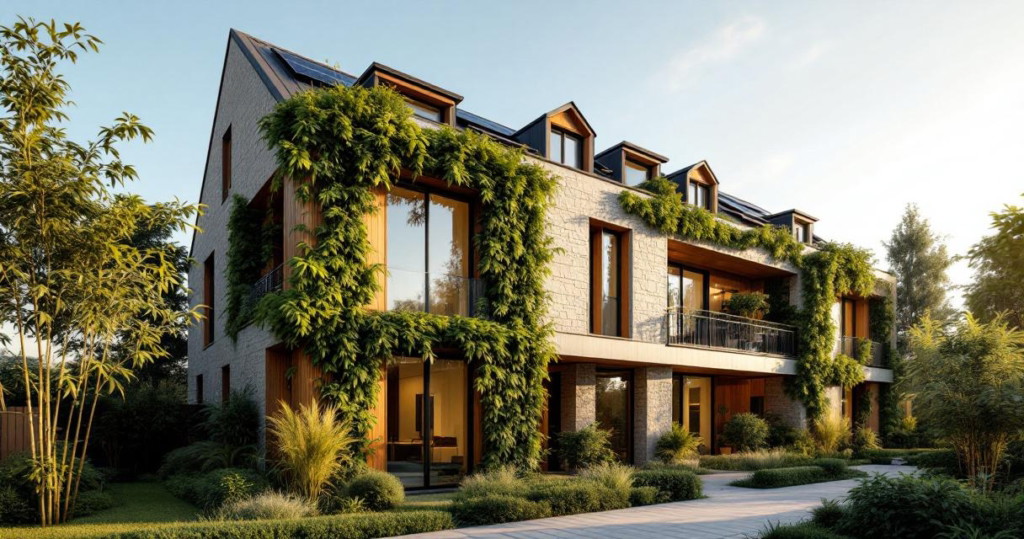 Modernes Wohngebäude mit einer mit üppigem Grün bewachsenen Fassade, die natürliche Materialien und Pflanzen harmonisch integriert und so eine nachhaltige Fassadengestaltung schafft.
