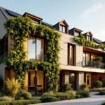 Modernes Wohngebäude mit einer mit üppigem Grün bewachsenen Fassade, die natürliche Materialien und Pflanzen harmonisch integriert und so eine nachhaltige Fassadengestaltung schafft.