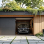 Moderne Garage mit Holzverkleidung und begrüntem Flachdach, in der ein schwarzes SUV steht, symbolisiert eine nachhaltige Garagenrenovierung durch umweltfreundliches Design und Integration von Natur und Architektur.