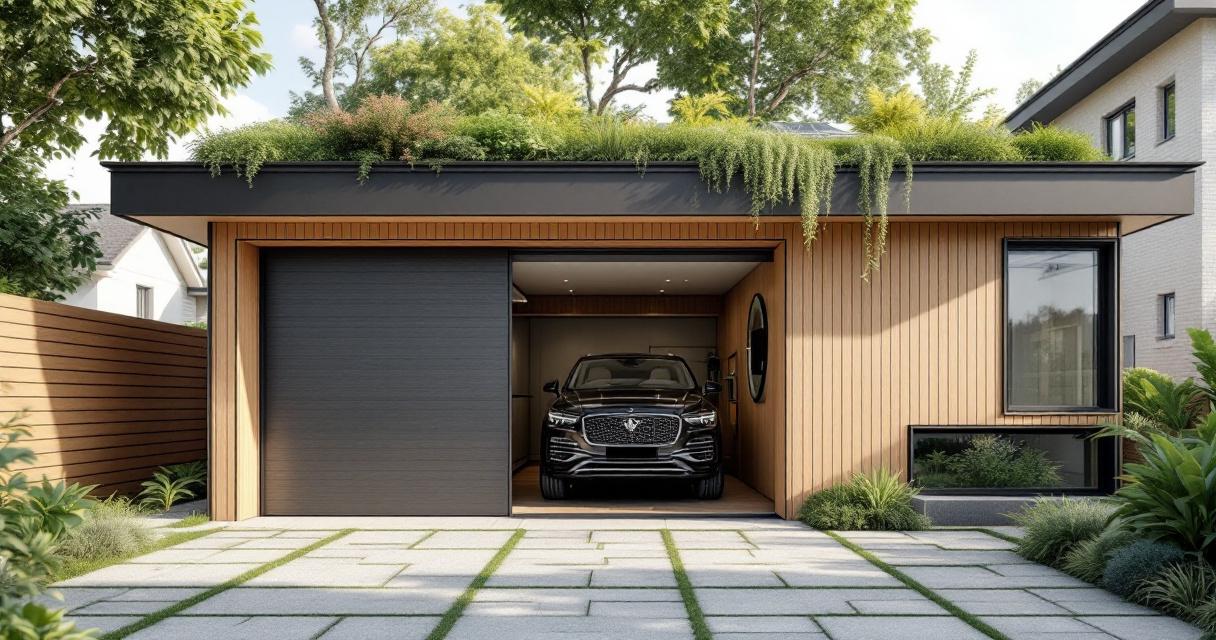 Moderne Garage mit Holzverkleidung und begrüntem Flachdach, in der ein schwarzes SUV steht, symbolisiert eine nachhaltige Garagenrenovierung durch umweltfreundliches Design und Integration von Natur und Architektur.