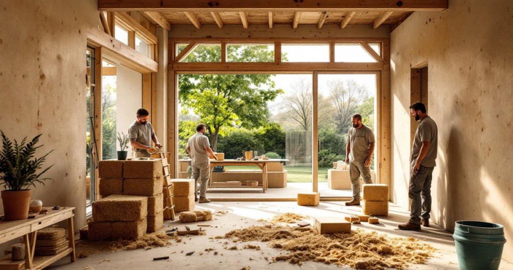 Vier Handwerker beim Verarbeiten von natürlichen Baustoffen in einem lichtdurchfluteten Raum mit großen Fenstern und Holzelementen, im Rahmen einer nachhaltigen Hausmodernisierung mit Naturmaterialien.