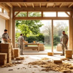 Vier Handwerker beim Verarbeiten von natürlichen Baustoffen in einem lichtdurchfluteten Raum mit großen Fenstern und Holzelementen, im Rahmen einer nachhaltigen Hausmodernisierung mit Naturmaterialien.