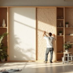 Ein Mann bringt in einem hellen, modernen Wohnraum nachhaltige Innenraumdämmung an einer großen Wandfläche an, umgeben von Zimmerpflanzen und Holzregalen mit dekorativen Gegenständen.