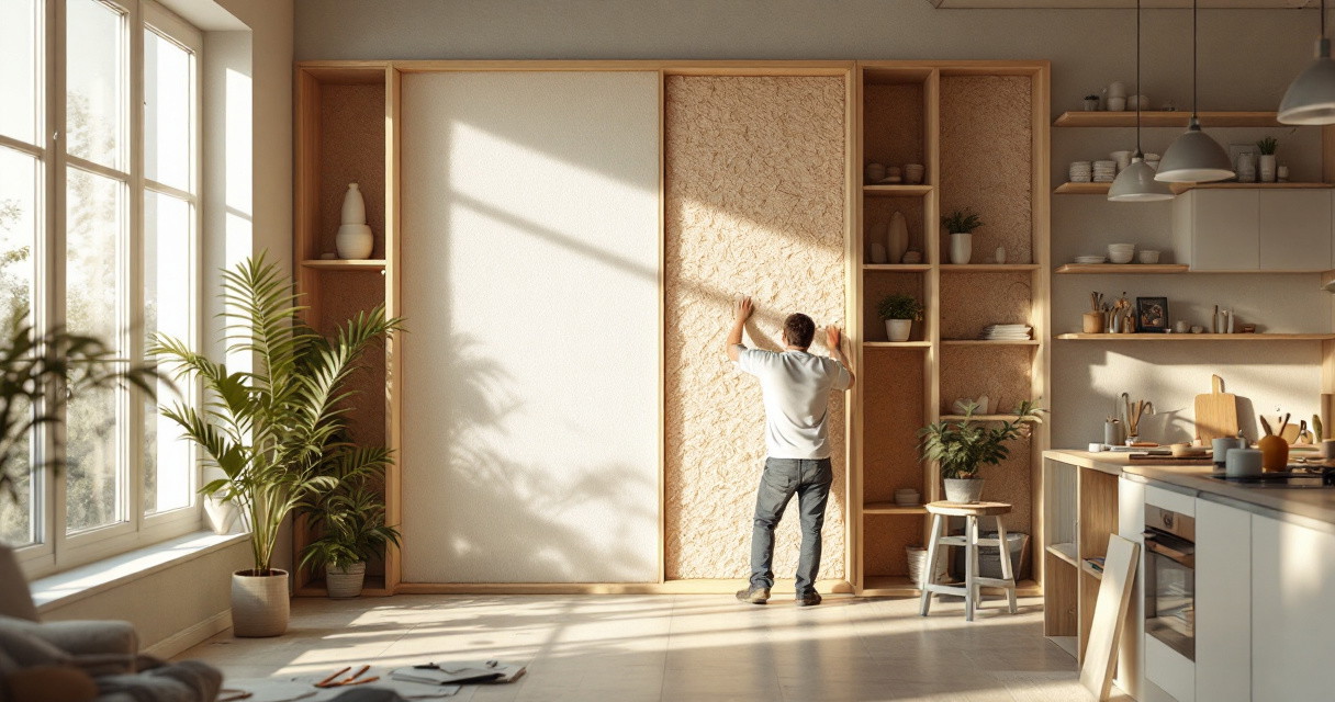 Ein Mann bringt in einem hellen, modernen Wohnraum nachhaltige Innenraumdämmung an einer großen Wandfläche an, umgeben von Zimmerpflanzen und Holzregalen mit dekorativen Gegenständen.