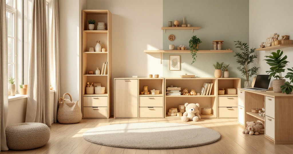 Helles und freundliches Kinderzimmer mit natürlicher Holzkommode, Regalen, Pflanzen und Kuscheltieren, gestaltet als nachhaltige Kinderzimmer Einrichtung mit warmen Erdtönen und sanftem Tageslicht.