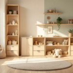 Helles und freundliches Kinderzimmer mit natürlicher Holzkommode, Regalen, Pflanzen und Kuscheltieren, gestaltet als nachhaltige Kinderzimmer Einrichtung mit warmen Erdtönen und sanftem Tageslicht.