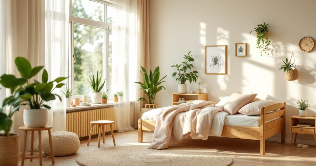 Lichtdurchflutetes Kinderzimmer mit Holzmöbeln, vielen grünen Pflanzen und naturfarbenen Textilien in einem hellen, freundlichen Ambiente, das eine nachhaltige Kinderzimmer Gestaltung fördert.