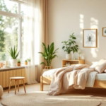 Lichtdurchflutetes Kinderzimmer mit Holzmöbeln, vielen grünen Pflanzen und naturfarbenen Textilien in einem hellen, freundlichen Ambiente, das eine nachhaltige Kinderzimmer Gestaltung fördert.