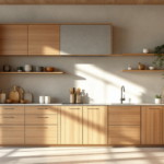 Moderne helle Küche mit Holzfronten, integrierten Geräten, offenen Regalen mit Keramikgeschirr und Küchenutensilien, dekoriert mit grünen Pflanzen und minimalistischen Pendelleuchten, einladendes natürliches Licht und zeitgemäßes Design, ideale Umsetzung von Nachhaltige Küchenausstattung Ideen.
