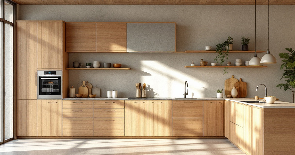 Moderne helle Küche mit Holzfronten, integrierten Geräten, offenen Regalen mit Keramikgeschirr und Küchenutensilien, dekoriert mit grünen Pflanzen und minimalistischen Pendelleuchten, einladendes natürliches Licht und zeitgemäßes Design, ideale Umsetzung von Nachhaltige Küchenausstattung Ideen.