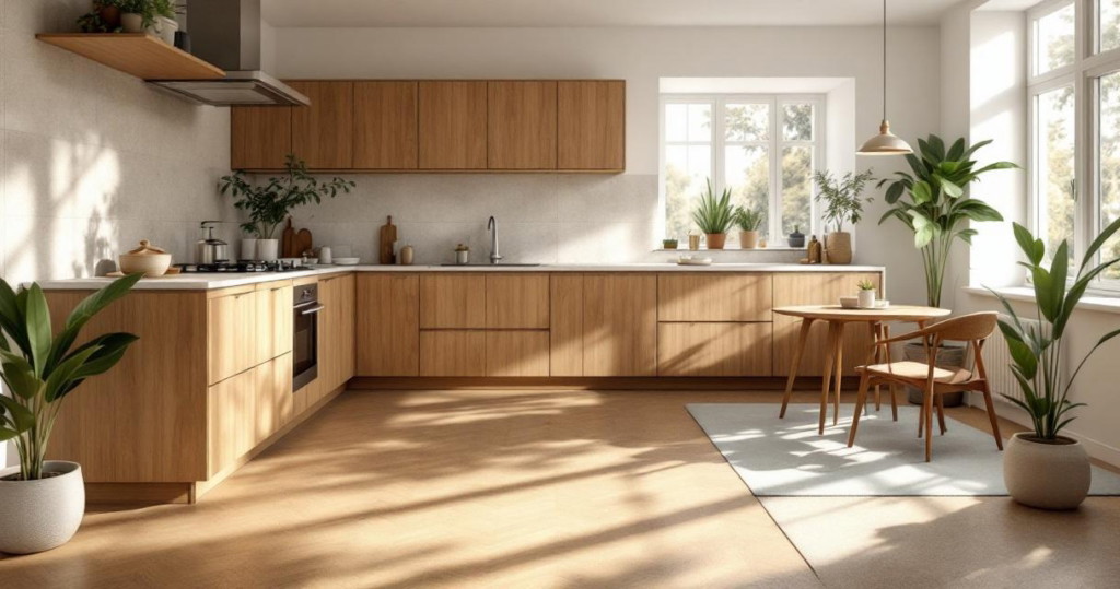 Helle, modern gestaltete Küche mit großen Fenstern, Holzmöbeln und einem pflegeleichten, natürlichen Bodenbelag, der ideal für nachhaltige Küchenböden geeignet ist.