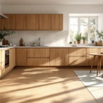 Helle, modern gestaltete Küche mit großen Fenstern, Holzmöbeln und einem pflegeleichten, natürlichen Bodenbelag, der ideal für nachhaltige Küchenböden geeignet ist.