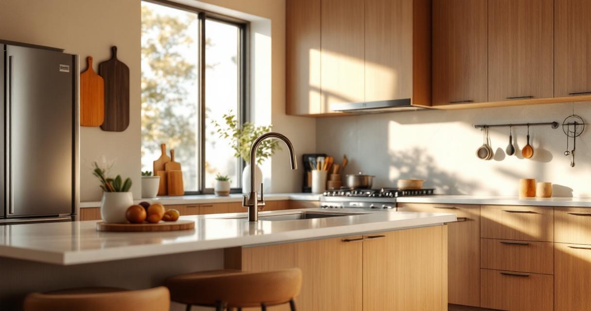 Helle, moderne Küche mit großem Küchenblock aus Holz und Marmorarbeitsplatte, ausgestattet mit praktischen Küchenutensilien und dekorativen Pflanzen, die eine nachhaltige Atmosphäre schaffen, als Beispiel für eine stilvolle Nachhaltige Küchenmaterialien Auswahl.