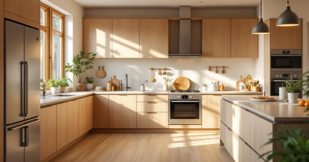 Helle und moderne Küche mit warmen Holzakzenten, großen Fenstern und integrierten Pflanzen, die ein einladendes Ambiente schaffen, ideal um nachhaltige Küchenmöbel auswählen zu können.