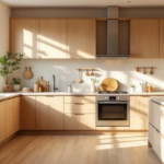 Helle und moderne Küche mit warmen Holzakzenten, großen Fenstern und integrierten Pflanzen, die ein einladendes Ambiente schaffen, ideal um nachhaltige Küchenmöbel auswählen zu können.