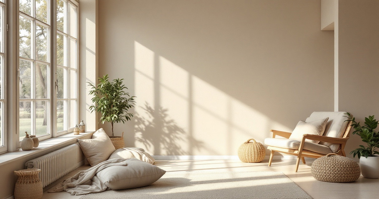 Helles Wohnzimmer mit großen Fenstern, neutral gestrichenen Wänden und angenehmer Atmosphäre, repräsentativ für nachhaltige Malerarbeiten Innenraum in einem modernen Wohnbereich.