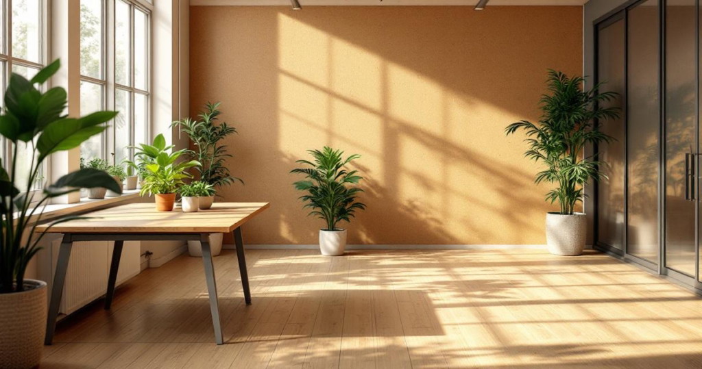 Heller und sonnendurchfluteter Büroraum mit großen Fenstern, Holzfußboden, grünen Pflanzen und modernen Möbeln, gestaltet mit Fokus auf Nachhaltige Materialien Geschäftsräume.