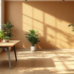 Heller und sonnendurchfluteter Büroraum mit großen Fenstern, Holzfußboden, grünen Pflanzen und modernen Möbeln, gestaltet mit Fokus auf Nachhaltige Materialien Geschäftsräume.